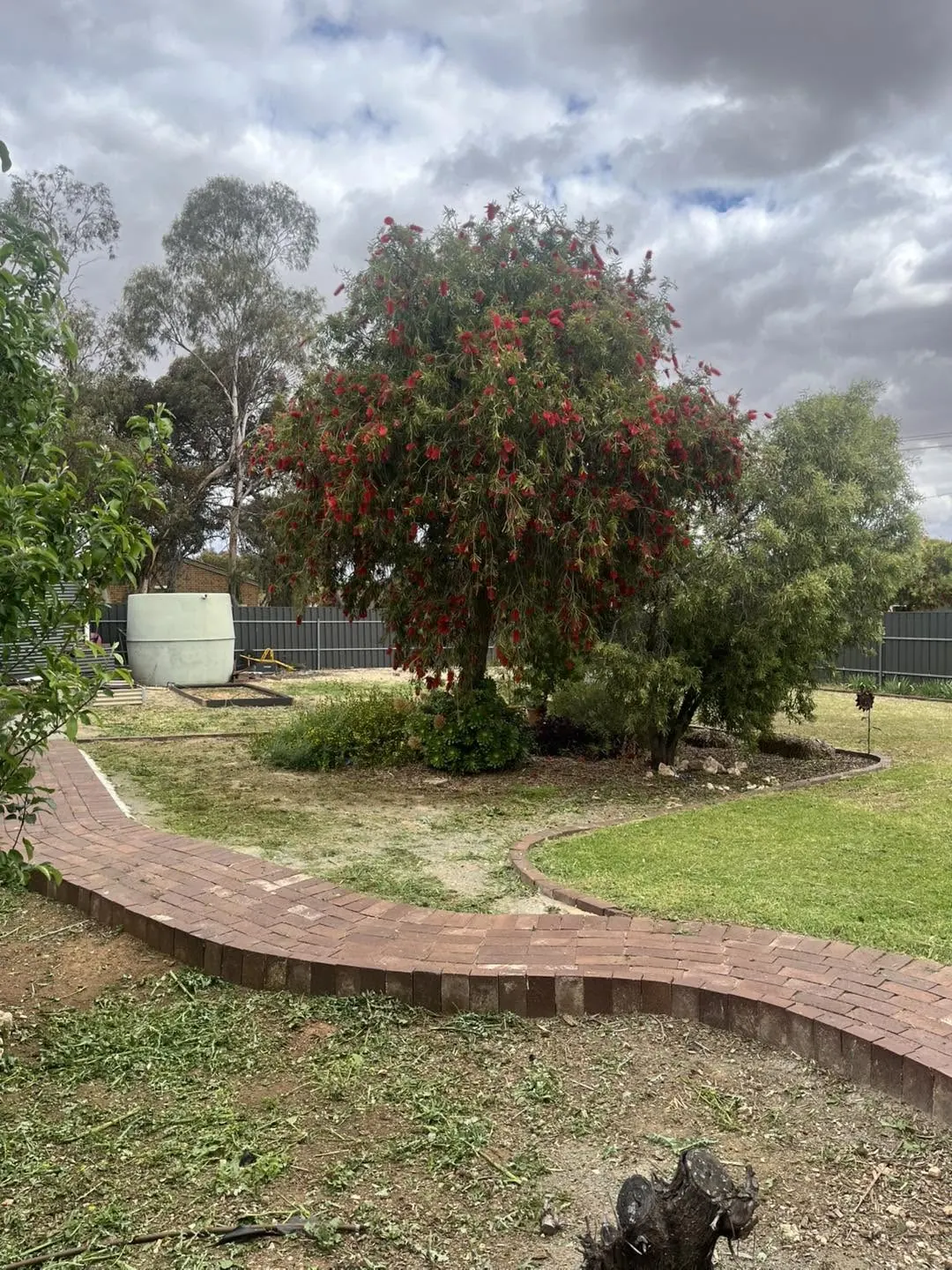 After the clean-up: clear garden beds, a cut lawn and the brick path visible again.