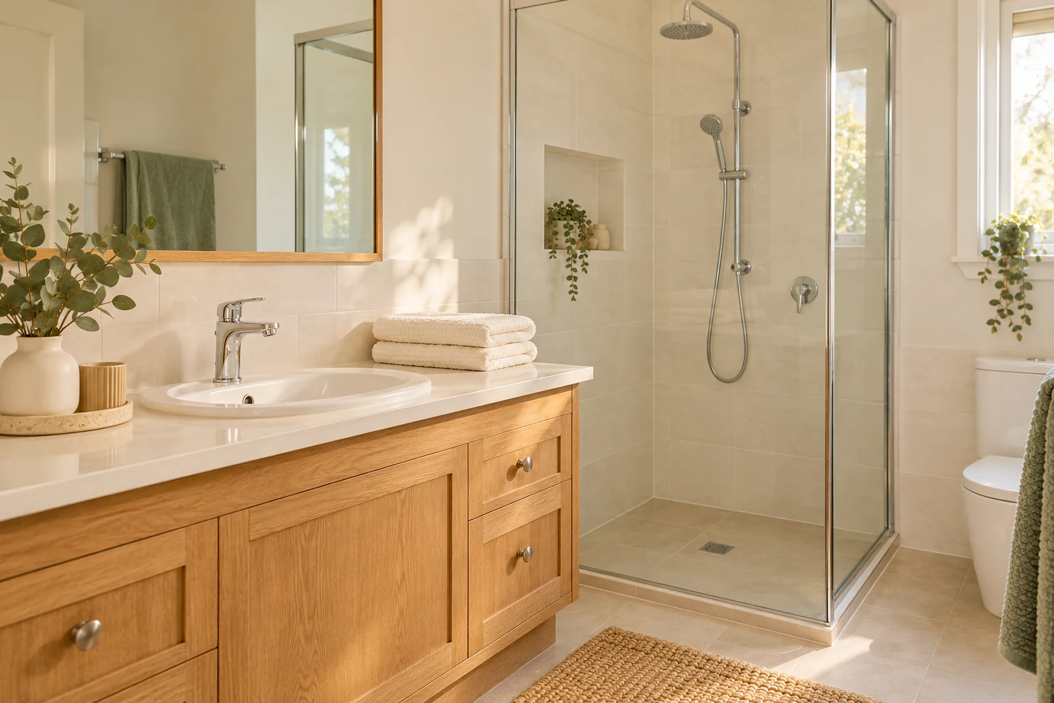 Illustrative freshly cleaned bathroom with an oak vanity, clear shower glass and neatly folded towels.