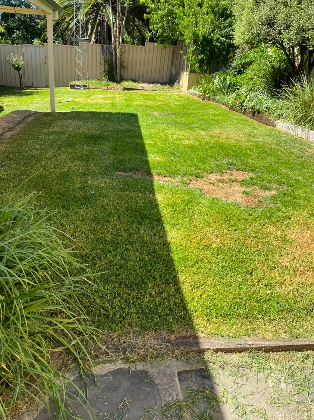 A freshly mown back lawn and tidy garden beds from a D and K job.