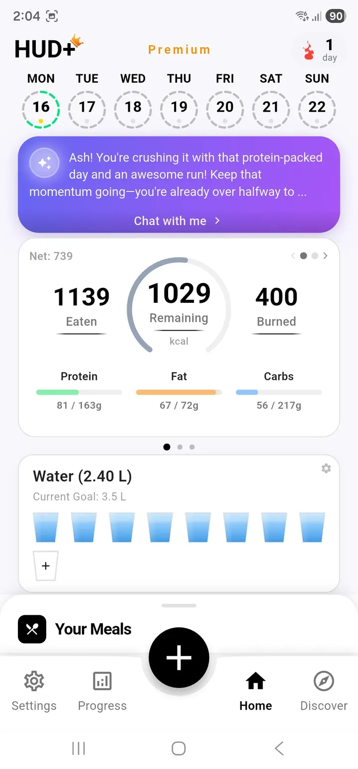 HUD+ calorie dashboard with today’s macros