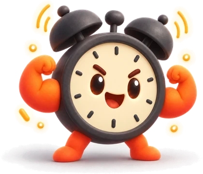 Pumped's alarm clock mascot flexing